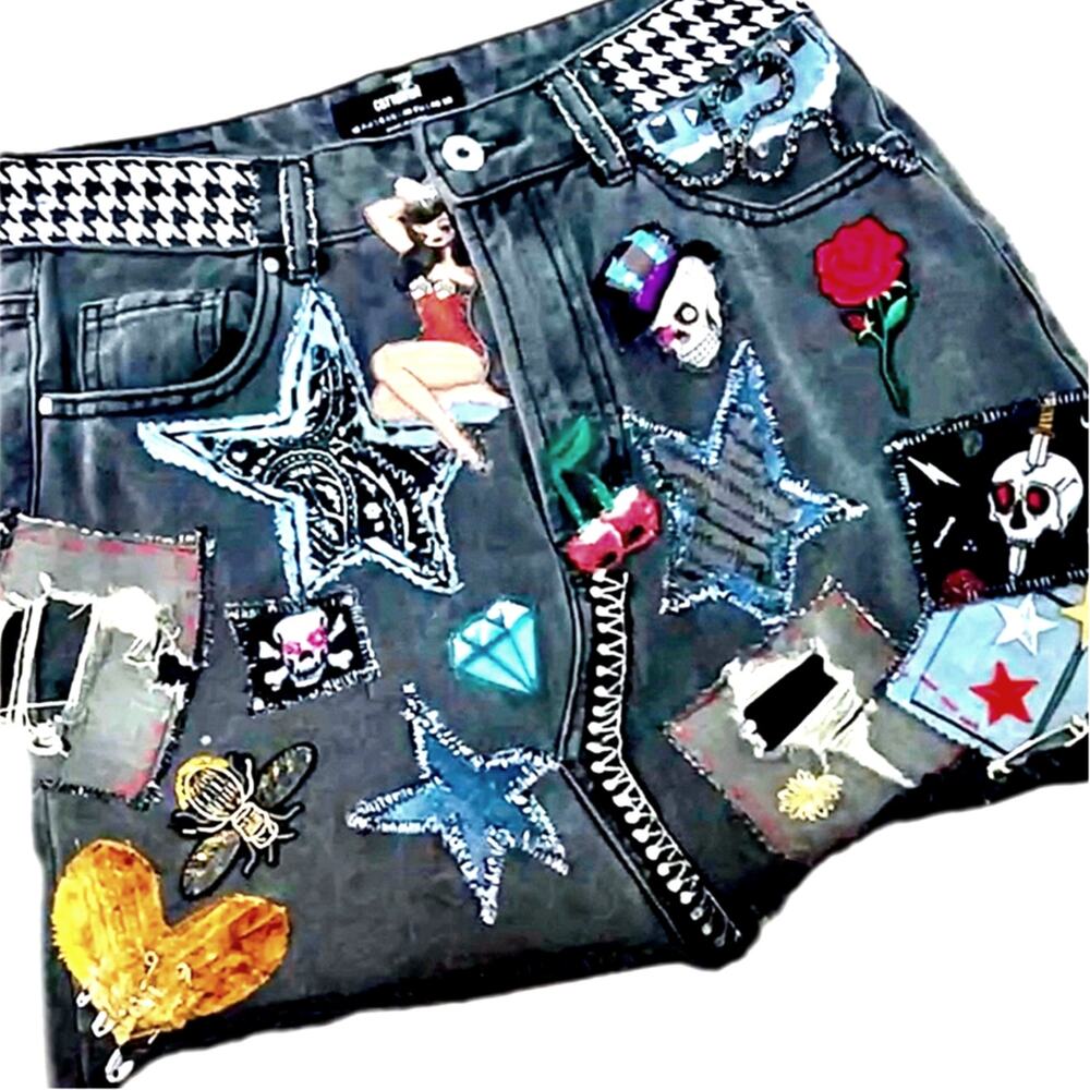 Women 1 of 1 reworked embellished punk faded blck denim mini skirt Sz6 custom